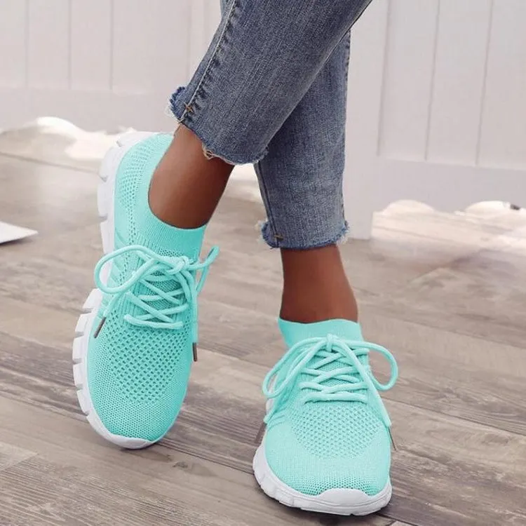 Women's Solid Color Shoelaces Round Toe Flat Heel Casual Sneakers