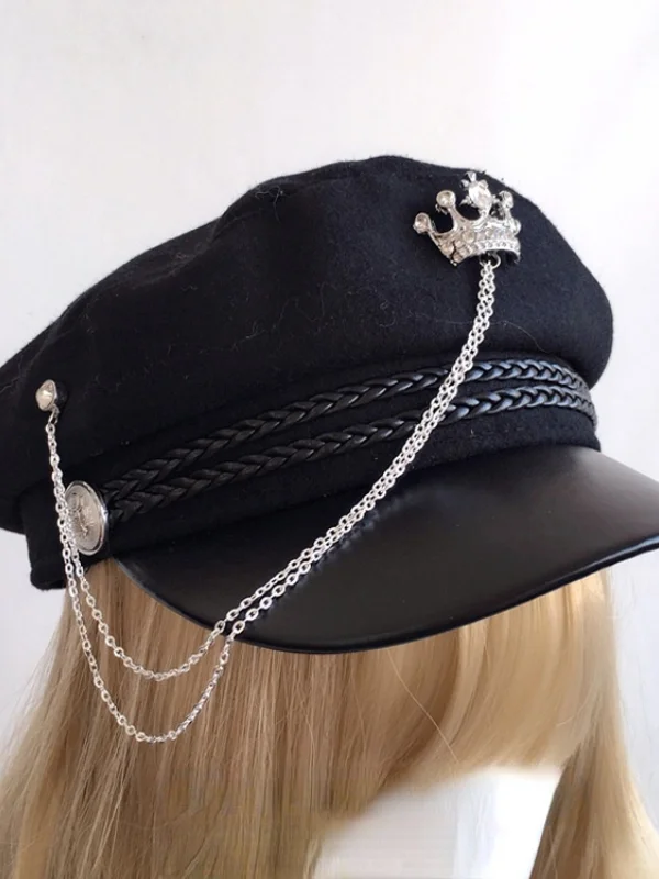 Dark Goth Lolita Style Braid Belt Decorated Chain-trimmed Hat