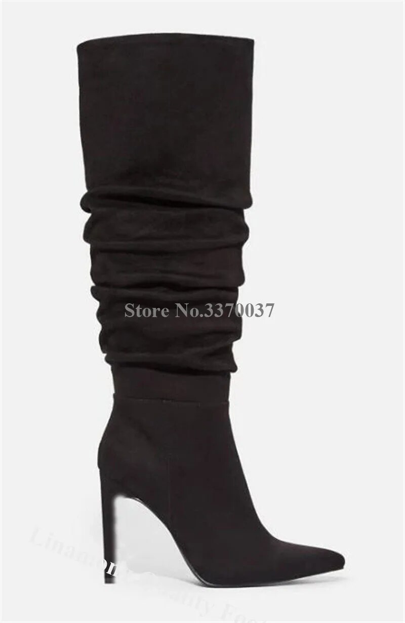 VCSHOES Women Pointed Toe Suede Leather Stiletto Heel Knee High Boots Blue Brown Long High Heel Boots Evening Club Shoe