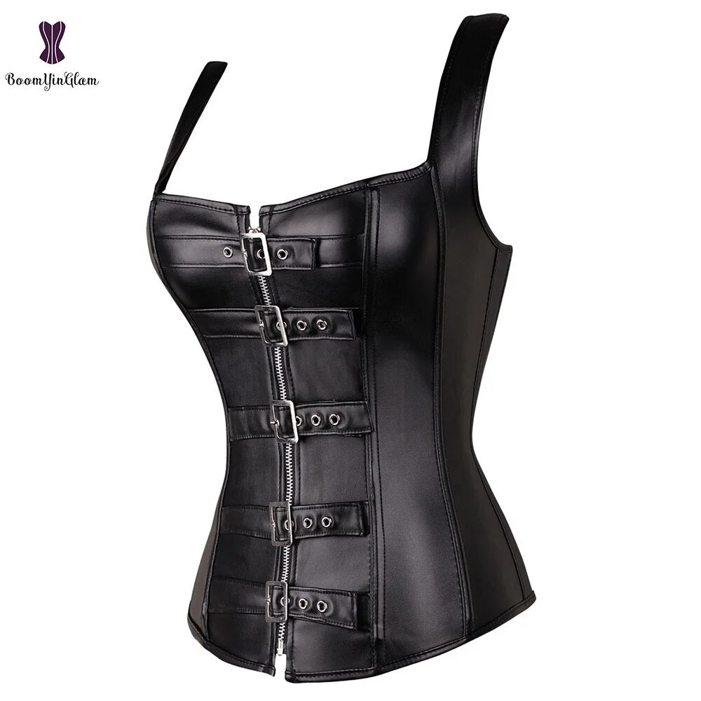 Steel Boned Women's Body Shapewear Vest Faux Leather Buckle Up Front Back Corset Gothic Bustier With G String 905#
