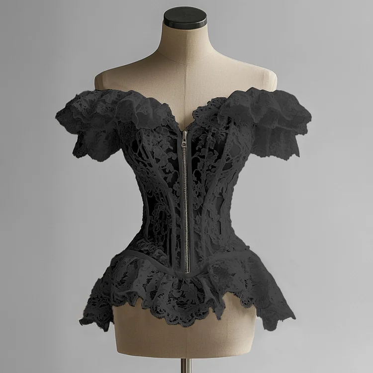 Ursime Lace Ruffle Off Shoulder Zip Up Blouse