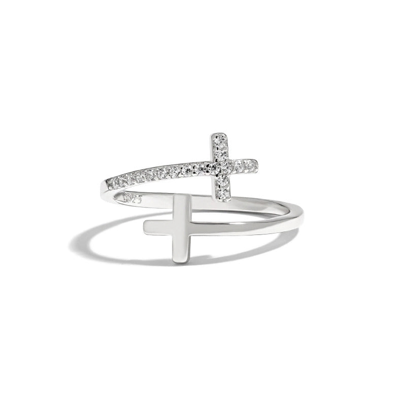 Sterling Silver Minimalist Cross Plating Inlay Zircon Open Rings