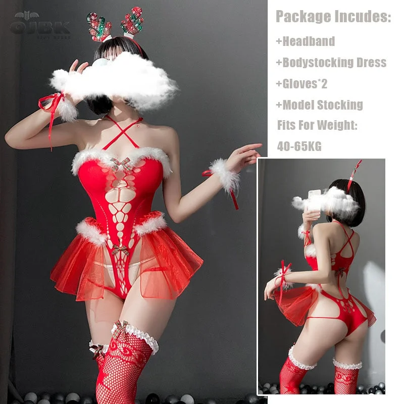 OJBK Cosplay Costumes Hollow out Outfit Temptation Underwear Sexy Lingerie Red Christmas Fishnet Bodysuit For Women Bra Set 2021