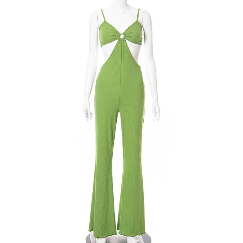 JULISSA MO Spaghetti Strap Backless Jumpsuits for Women Summer Casual Green Off Shoulder Slim Long Pants Female Sexy Streetwear