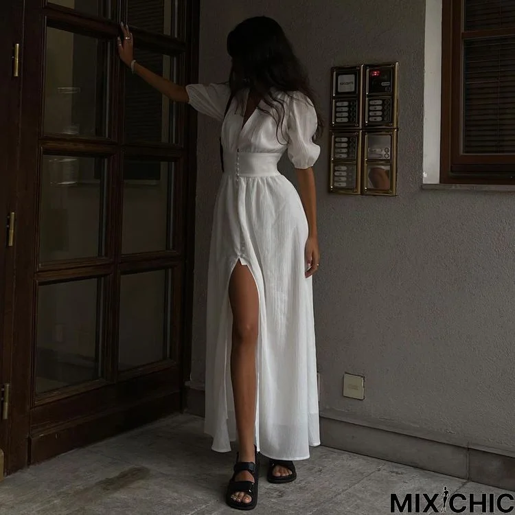 Deep V-Neck Solid White Fairy Maxi Dress White Dresses