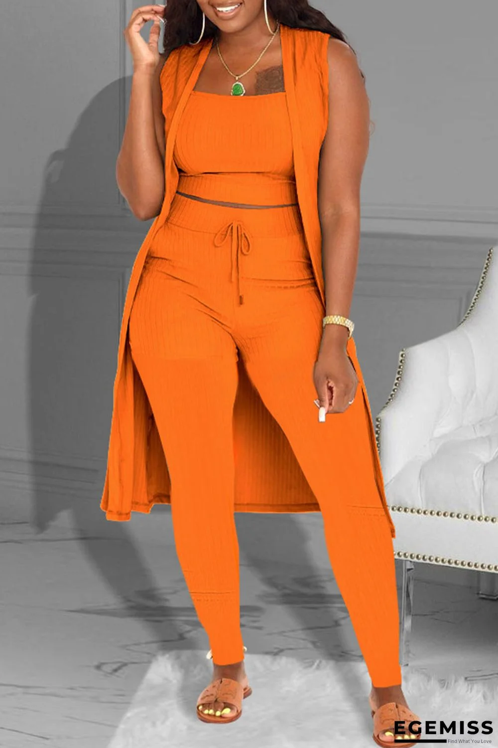 Orange Fashion Casual Solid Patchwork Sleeveless Three-piece Set | EGEMISS