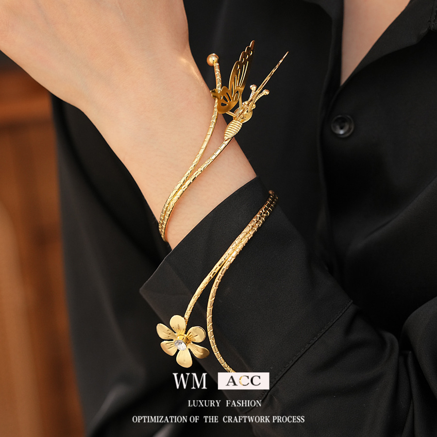 Minimalist butterfly and flower rhinestone open bangle fashionable exquisite versatile niche and high-end jewelry