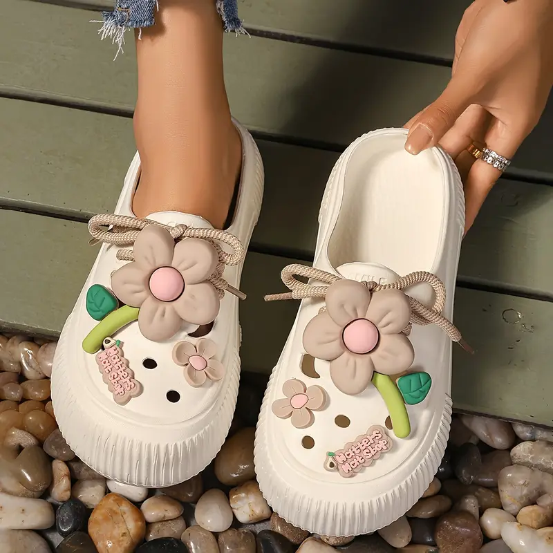 womens flower decor clogs casual hollow out design garden shoes comfortable slip on details 3