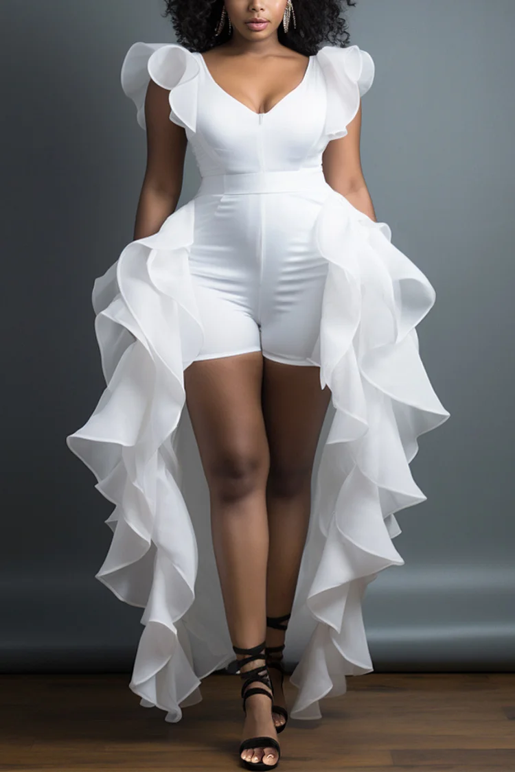 Xpluswear Design Plus Size Daily White Elegant V Neck Short Sleeve With Skirt Overlay Contrast Rompers [Pre-Order]