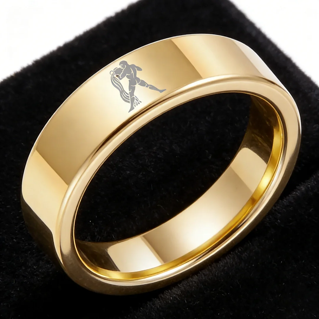 Flat Aquarius Tungsten Wedding Band Tungsten Ring Gold Comfort fit for Womens or Mens 4MM 6MM 8MM
