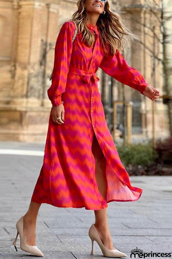 Women's Dresses Wavy Print Lace-Up Long Sleeve Shirt Dress