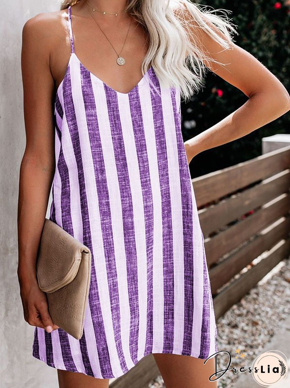 Casual Sleeveless V Neck Plus Size Striped Dress