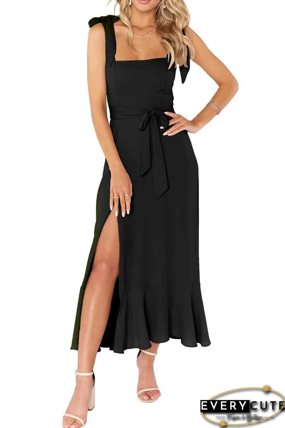 Black Tie Shoulder Smocked Back Side Slit Maxi Dress