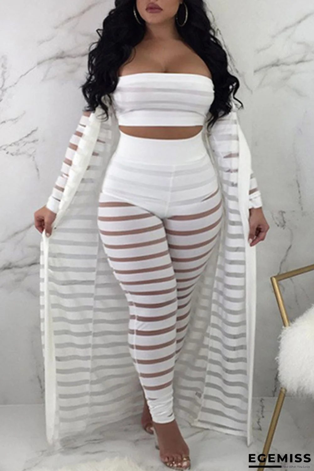 White Fashion Casual Striped Patchwork See-through Plus Size Three-piece Set | EGEMISS