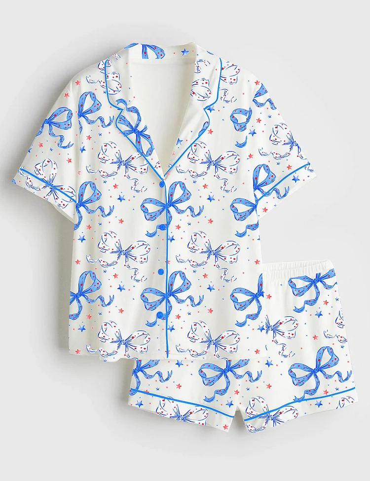 Women&rsquo;s Coquette Bow Cute 4th Of July Red White Blue Short Sleeve Satin Pajama Set
