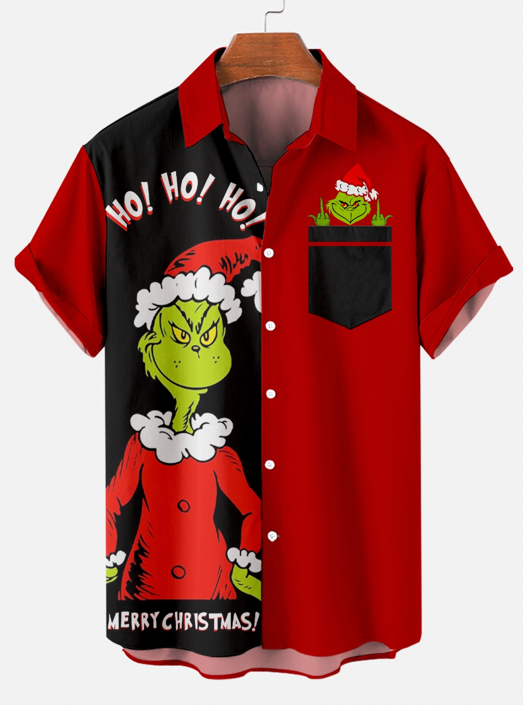 Men's Christmas Green Furry Fun Striped Pocket Short Sleeve Shirt PLUSCLOTHESMAN