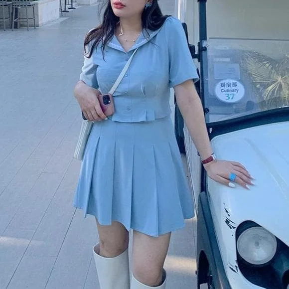 Cute Asia Plus Size M-3XL Light Blue Sailor Blouse Plated Skirt Set SS1293