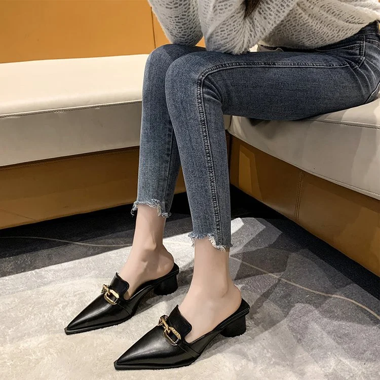 Churchf Churchf Cool Slippers Female Summer New French Chain Fashion With A Thick Heel Head Half Slippers High Heel Muller Shoes