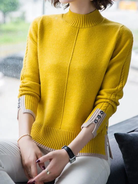 Half High Collar Patchwork Long Sleeve Knit Pullover-Allyzone-Allyzone