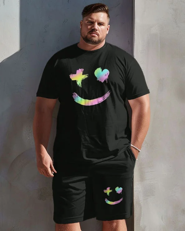 Men's Plus Size Simple Rainbow Smile Print T-shirt Shorts Suit
