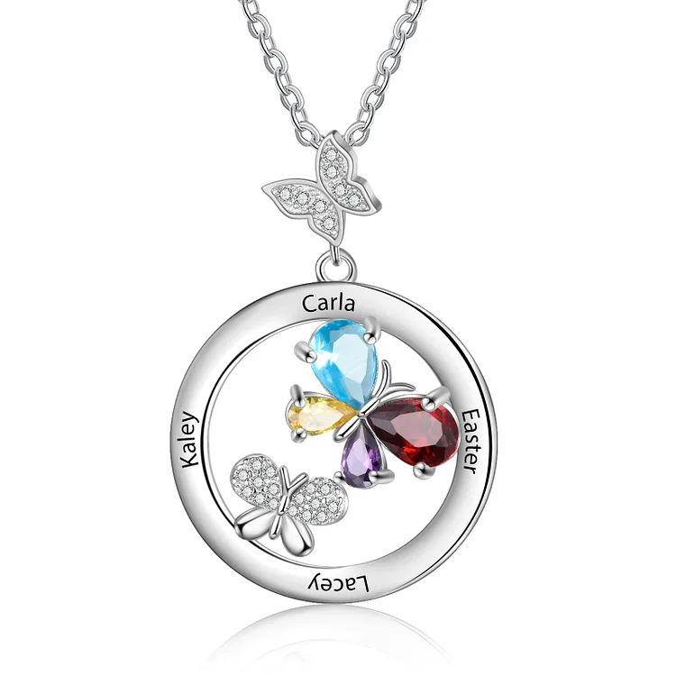 Butterfly Pendant Necklace Custom 4 Birthstones and Names for Her