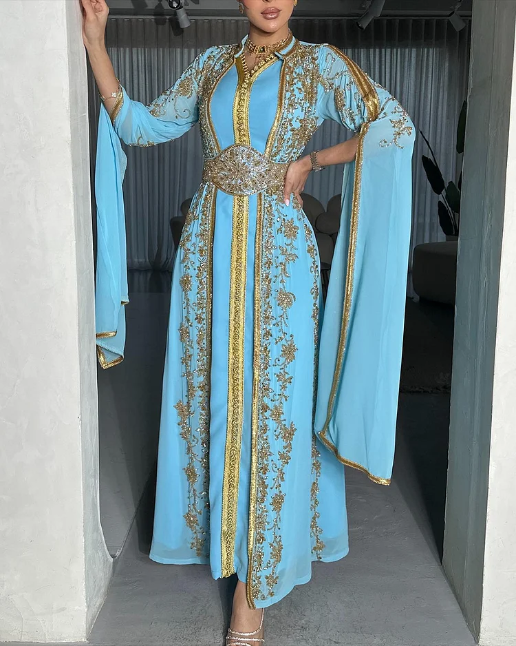 Women's V Neck Long Sleeve Embroidered Dress