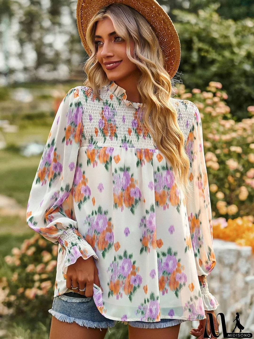 MidiSono - Floral Smocked Lantern Sleeve Blouse