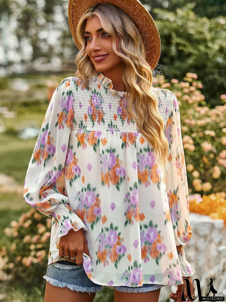 Floral Smocked Lantern Sleeve Blouse