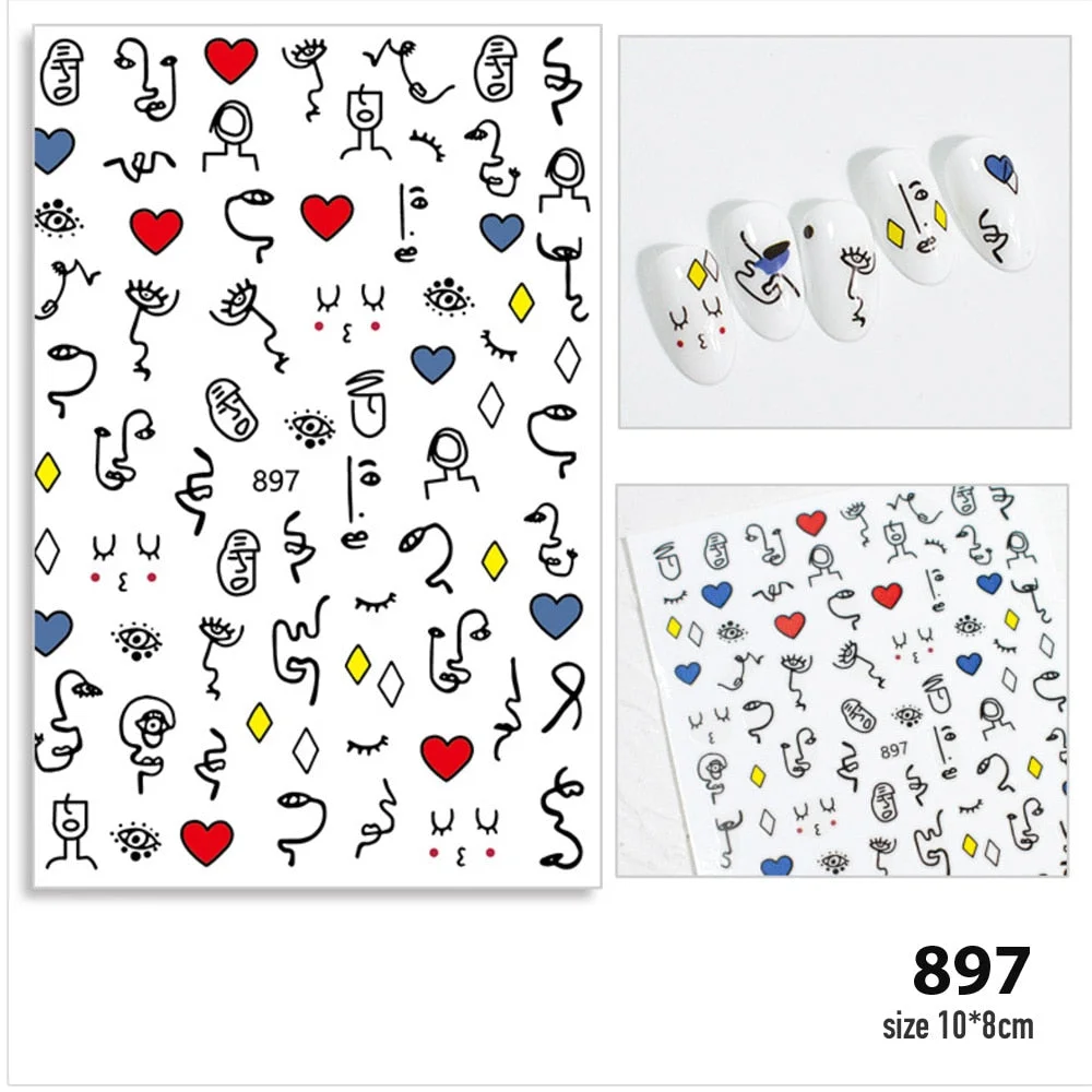 Abstract Image Nail Sticker Abstraction of Characters Nail Sticker 3D Engraved Nail Art Decorations Nail Decals Design