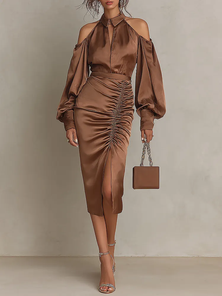 Elegant Shoulder Cut-outs Satin Midi Dress With Side-slit Hem