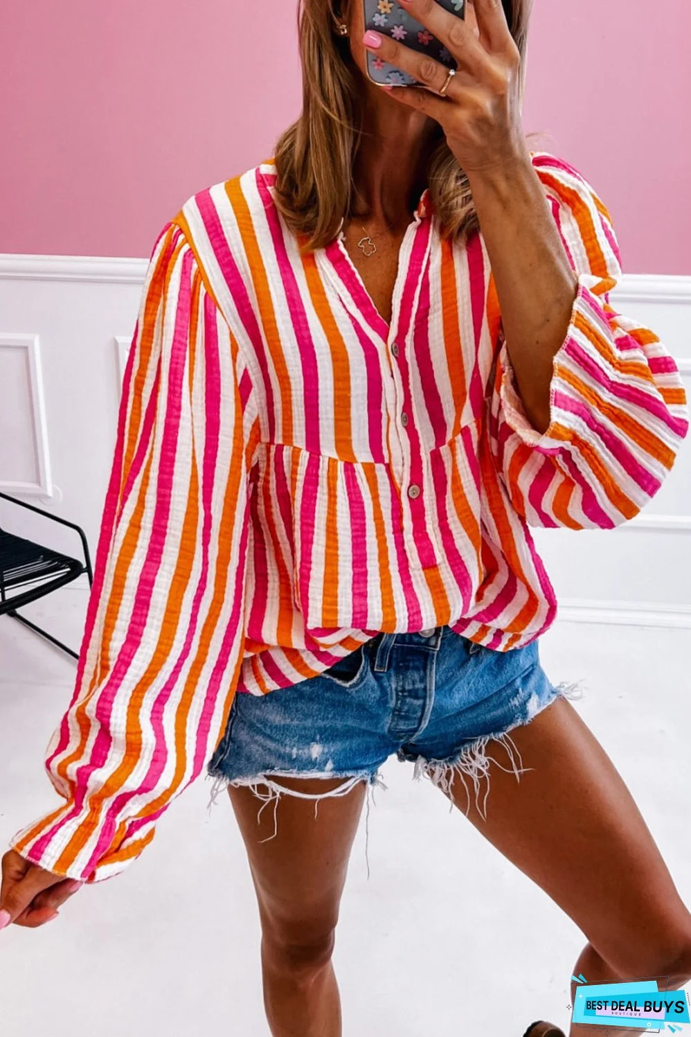 Orange Stripe Balloon Sleeve Notched V Neck Buttoned Front Blouse