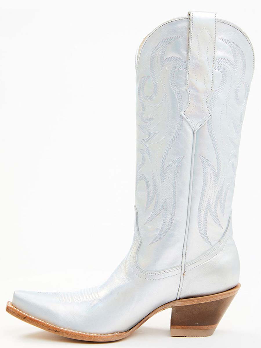 White Vegan Leather Ship Toe Mid-Calf Embroidered Cowgirl Boots With Chunky Heels