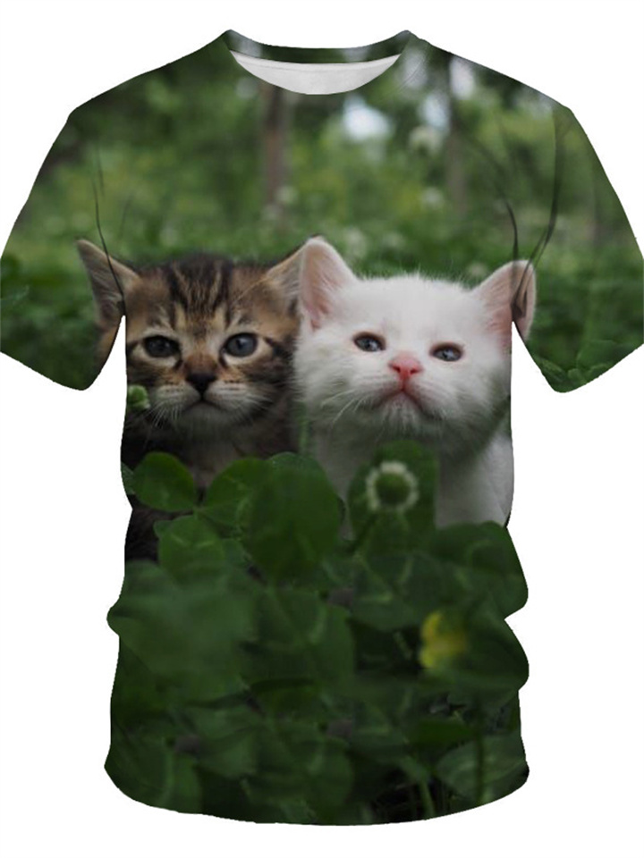 Summer T-shirt Cat 3D Print Men's Sports Short Sleeve Green Gray Blue | 168DEAL