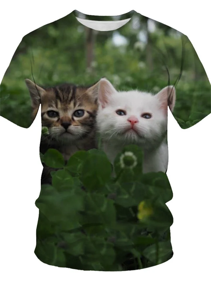 Summer T-shirt Cat 3D Print Men's Sports Short Sleeve Green Gray Blue