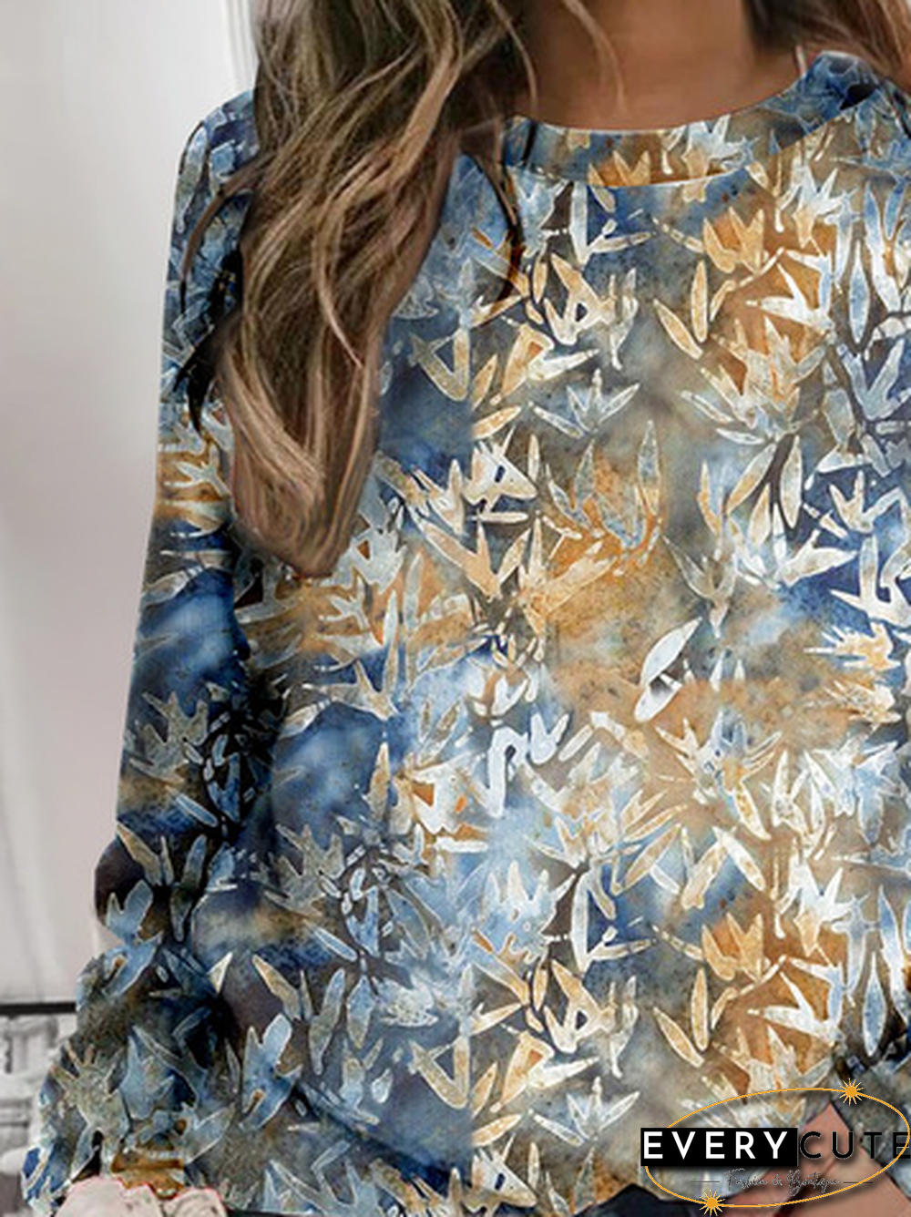 Casual Leaf Autumn Polyester Loose Long sleeve Crew Neck H-Line Regular Size Sweatshirts for Women