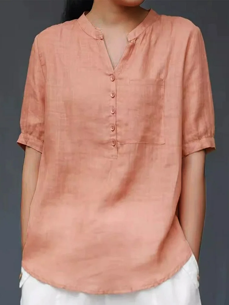 Women's V-neck Short Sleeve Casual Cotton and Linen Loose Shirt