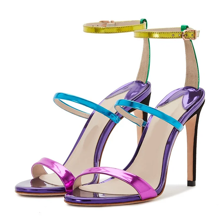 Multicolor Metallic Stiletto Heels Open Toe Ankle Strap Party Sandals |FSJ Shoes