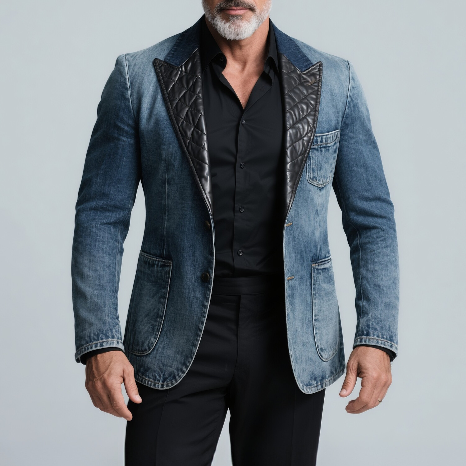 Men's Quilted PU Leather Peaked Lapel Patch Pocket Long Sleeve Denim Blazer