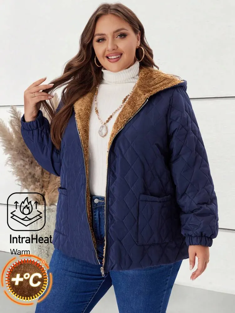 Plus Size Women's Hooded Zipper Casual Fleece Padded Coat With Pockets