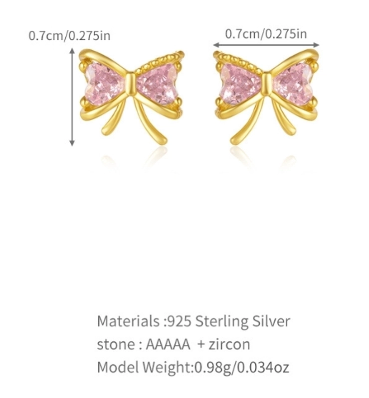 1 Pair 925 Sterling Silver Zircon Heart Shape Bow Knot Ear Studs