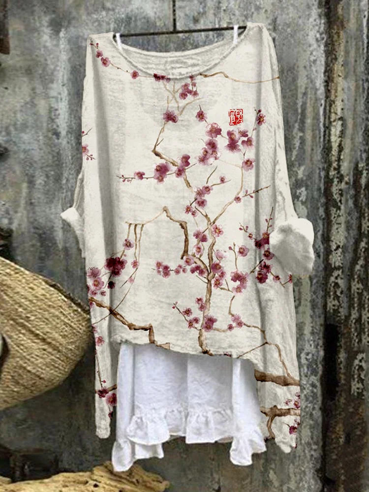 Japanese Cherry Blossom Art Linen Blend Flowy Tunic