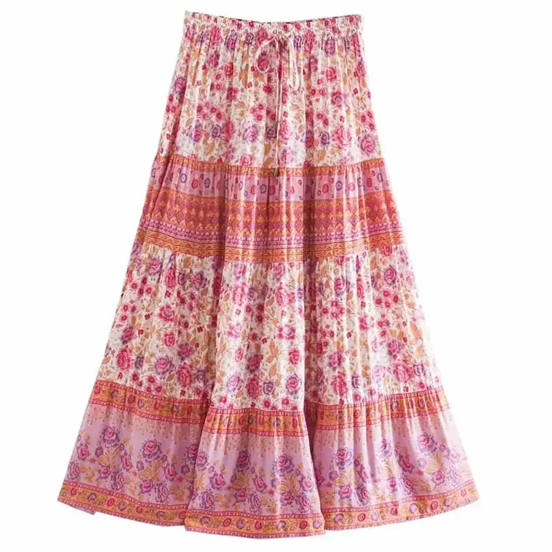 Nncharge INSPIRED Long Skirts for Women Boho A-line Full Skirt Floral Print elastic waist Maxi skirt Summer green woman skirts