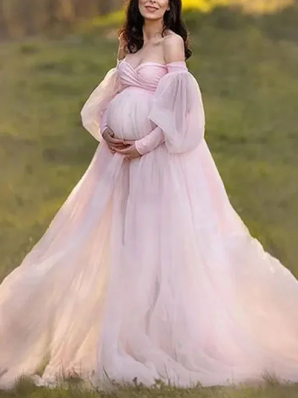Maternity Pink Mesh Puff Sleeve Off-shoulder Photoshoot Dress