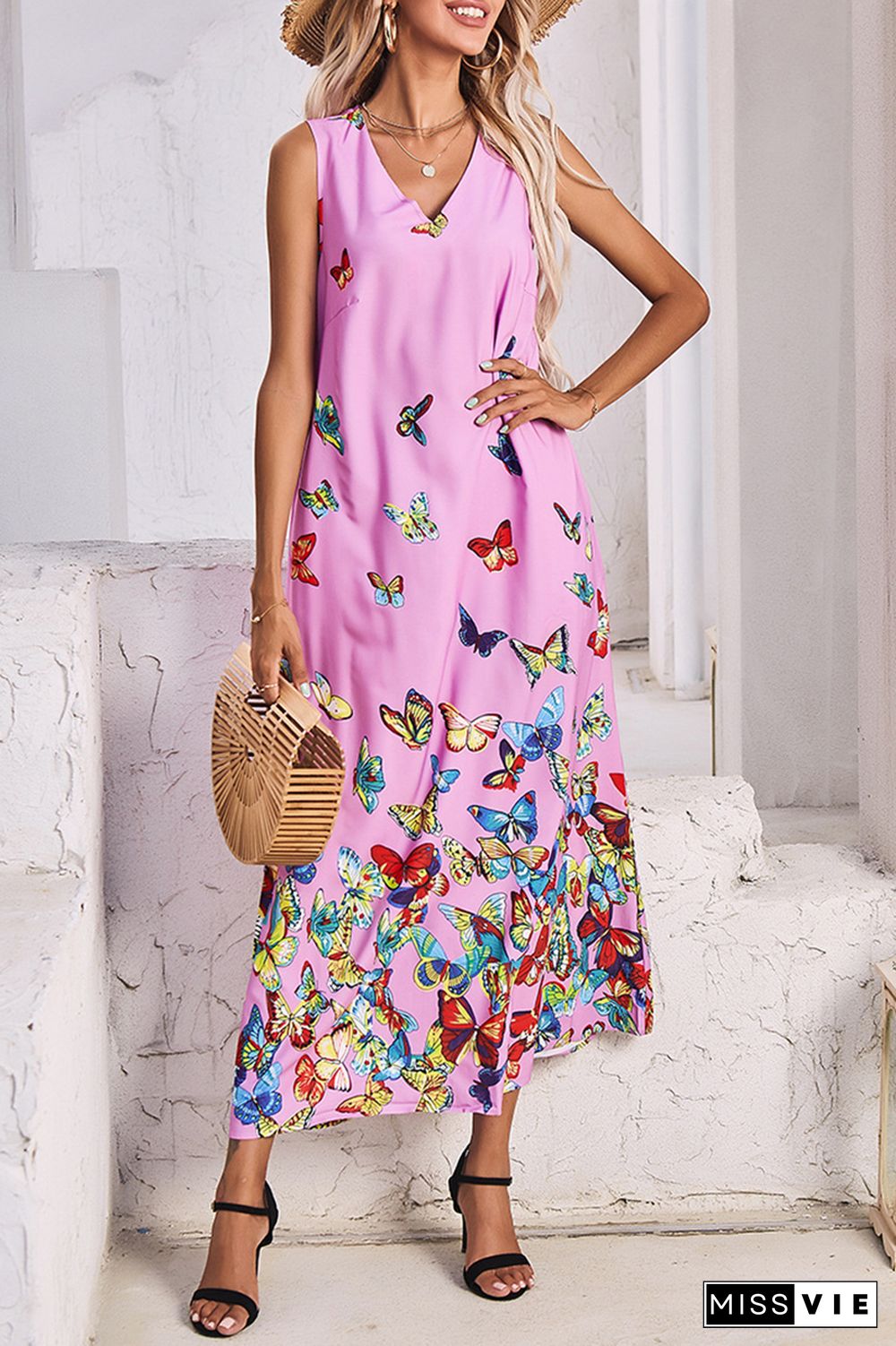 Elegant Butterfly Print Split Joint Pocket V Neck A Line Dresses