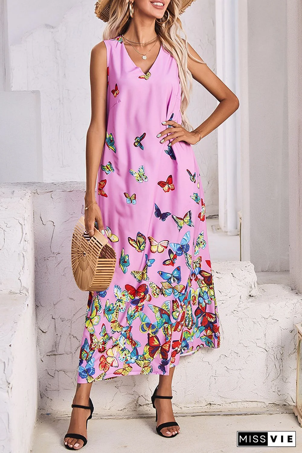 Elegant Butterfly Print Split Joint Pocket V Neck A Line Dresses