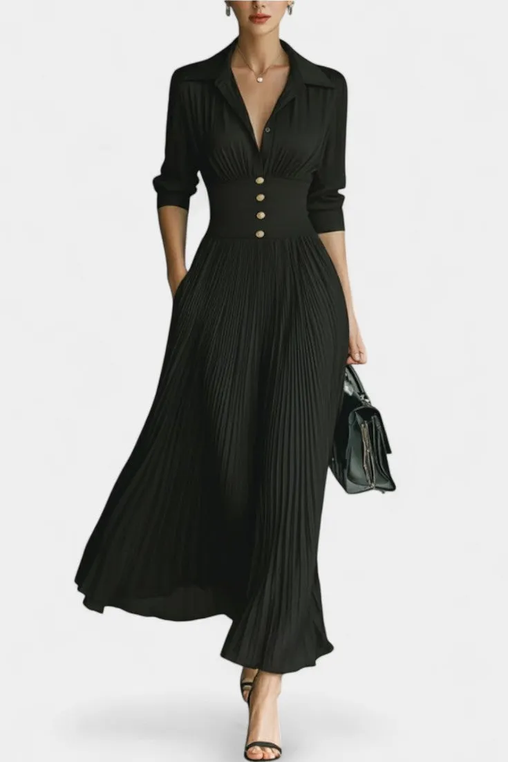 Structured Pleated Shirt Dress with Belted Waist