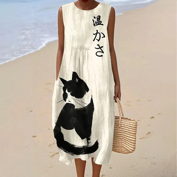 Women's Vintage Cat Art Print Linen Dress