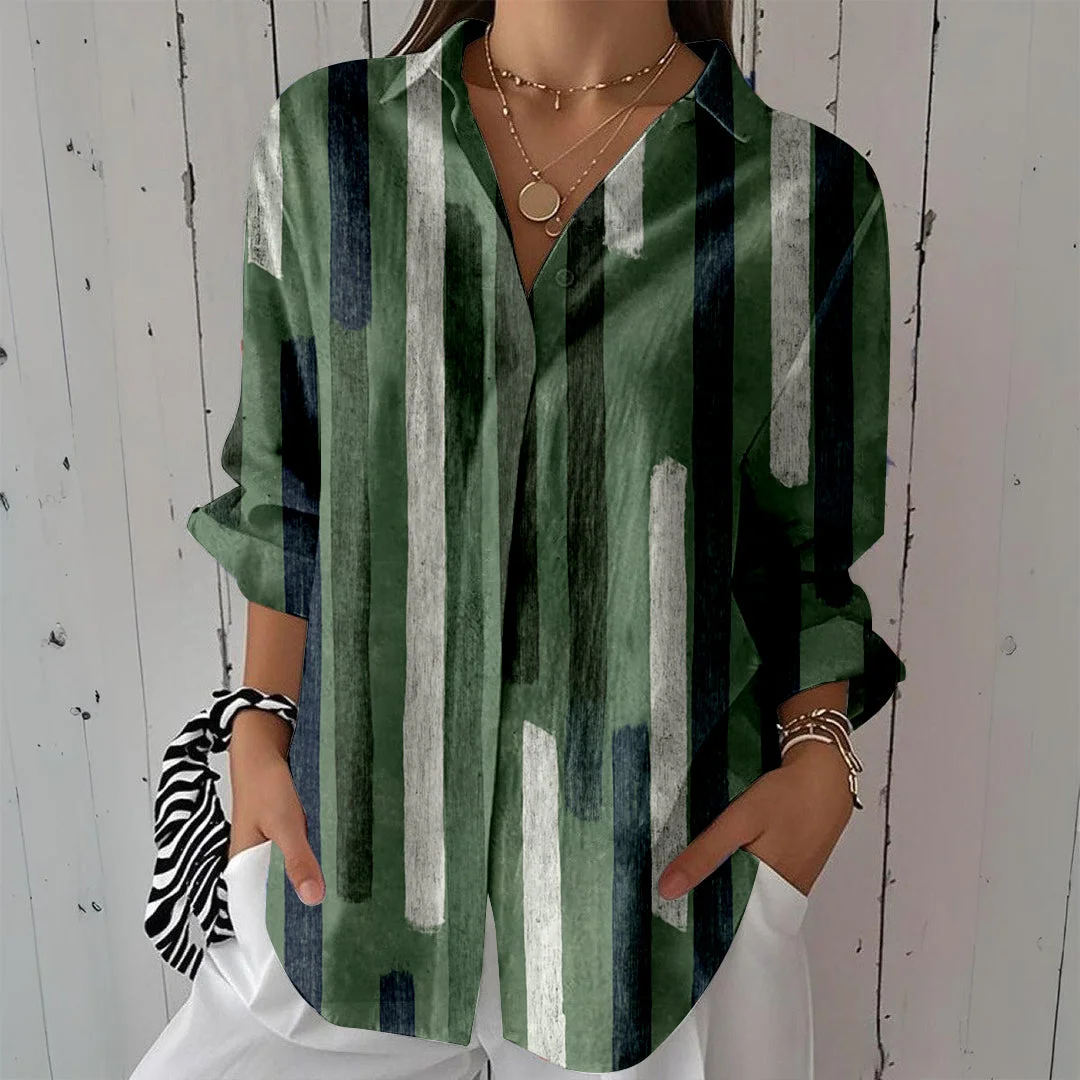 Style & Comfort for Mature Women Women Striped, Green DZCL0064 3/4 Sleeve Shirt Collar Printed Button Tops