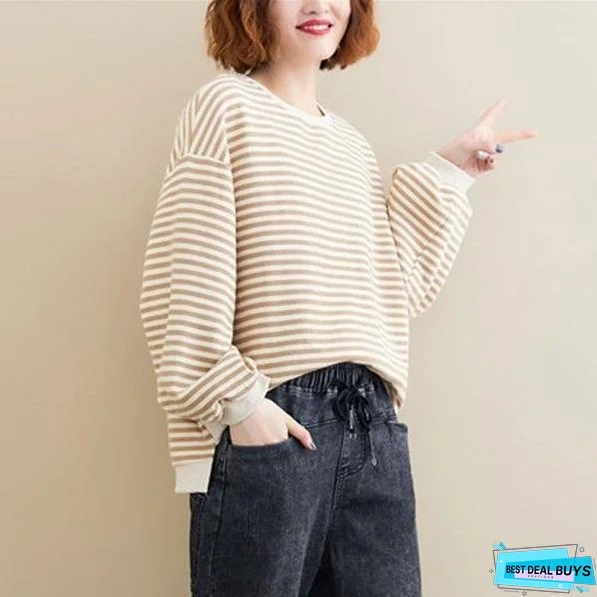 Women Autumn Long Sleeve Cotton Sweatshirt Striped Female Loose Casual Pullovers Hoodies