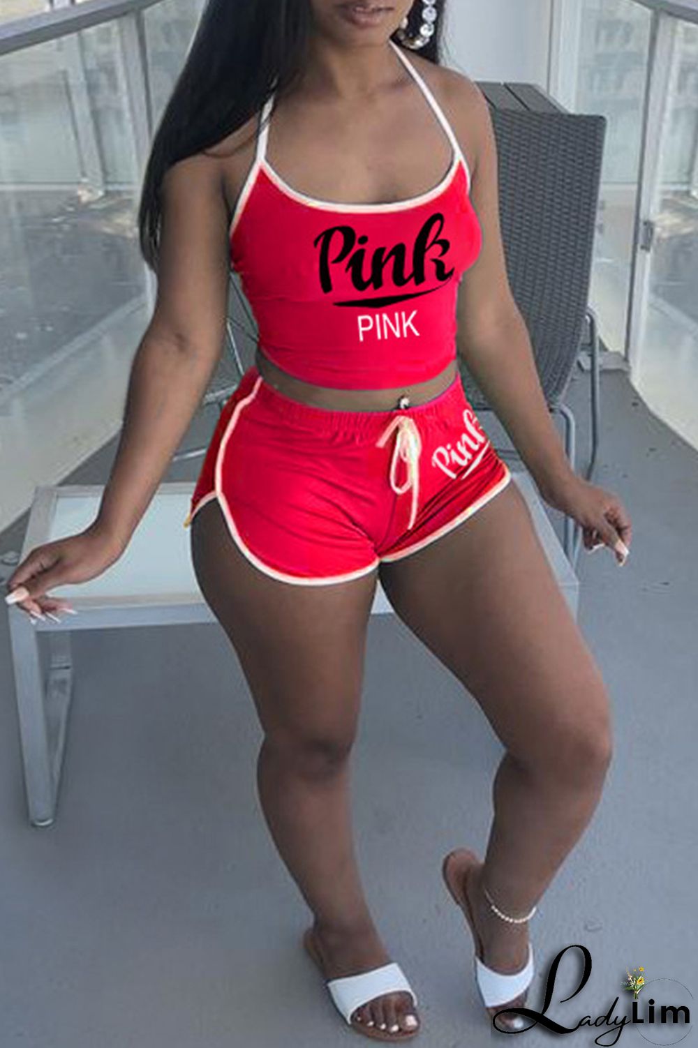 Burgundy Sexy Casual Letter Print Backless Halter Sleeveless Two Pieces